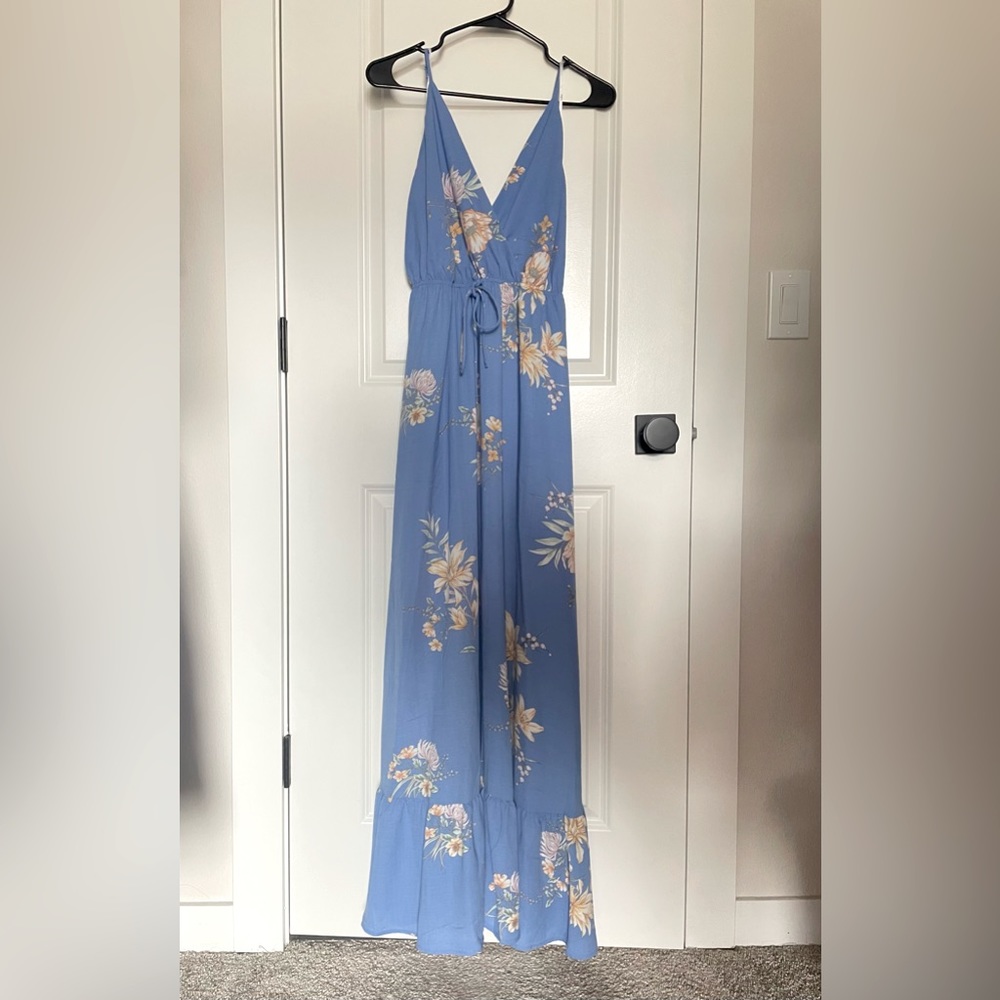 Blue Floral V-Neck Maxi Dress with Tie Waist